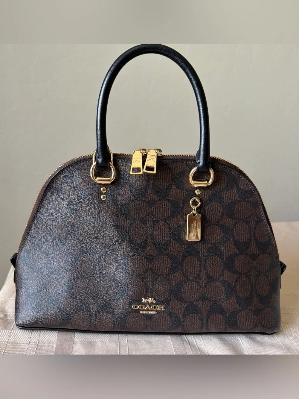 Coach Brown Signature Dome Satchel with Black Handles Gold hardware